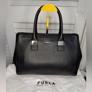 Furla Black Pebbled Leather Satchel Tote | Gold Hardware | Dust Bag